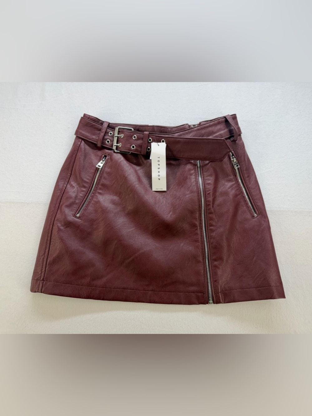 TOP SHOP Women’s Faux Leather Burgundy Mini Skirt with Belt